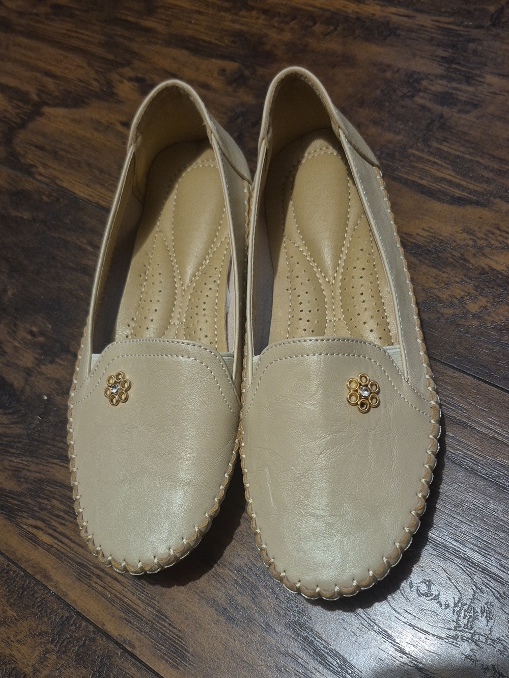 Beige Women's Slip-On Loafers with Gold Flower Accent